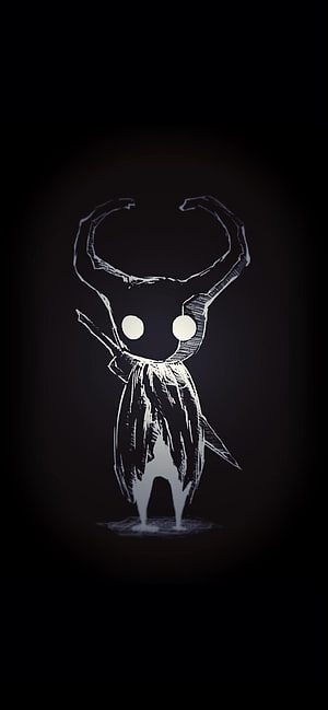 Hollow Knight Character Standing in Dark Void with Glowing White Outline and Antennae HD phone wallpaper