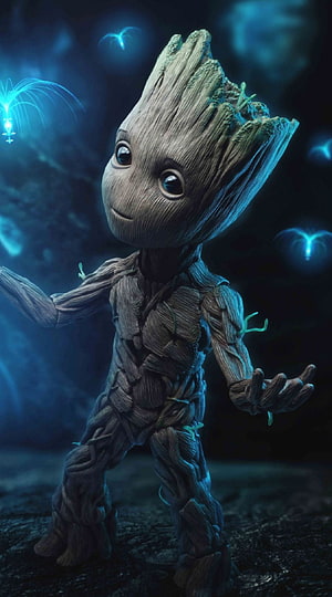 Baby Groot from Guardians of the Galaxy in a Mystical Blue Forest Setting HD phone wallpaper