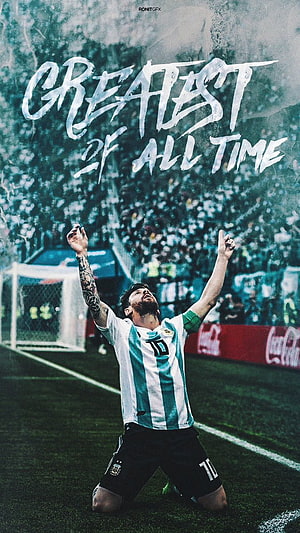 Lionel Messi Kneeling in Argentina Kit with Arms Raised in Stadium HD phone wallpaper