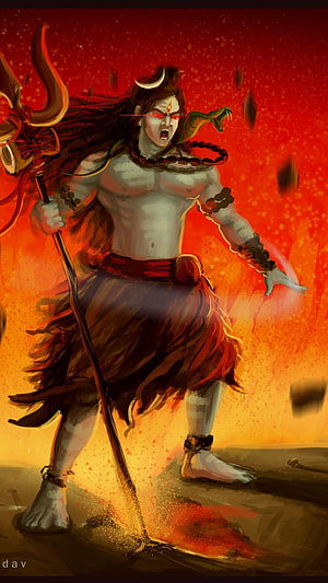 Mahakal Fierce Warrior Illustration with Trishula and Serpent in Fiery Red Landscape HD phone wallpaper