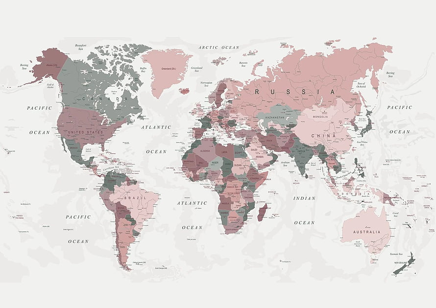 Muted Pink and Green World Map with Country Borders and Ocean Labels HD wallpaper
