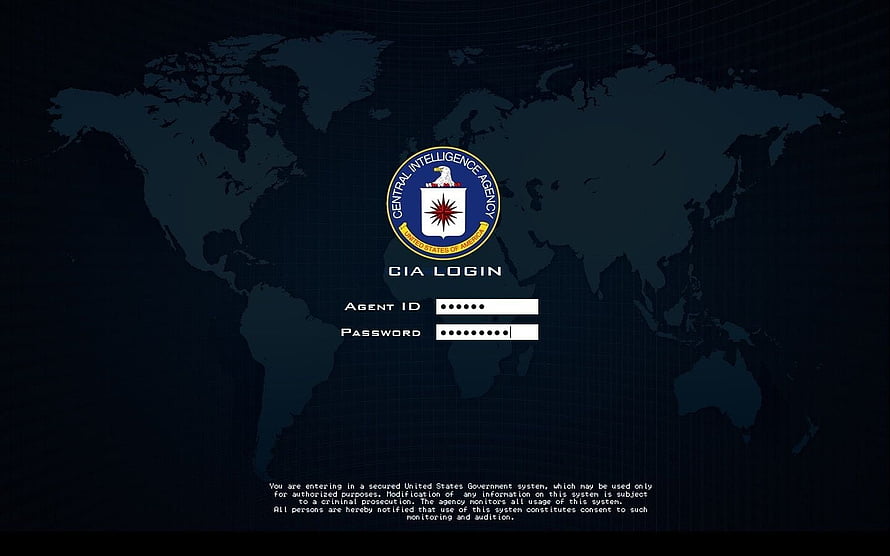 CIA Login Screen with World Map Background and Secure Government Access Interface HD wallpaper