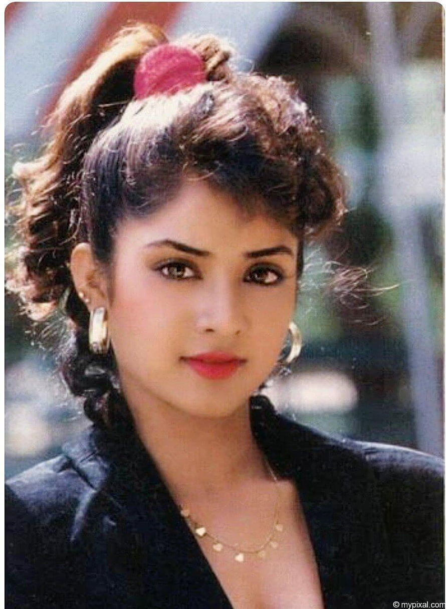 Divya Bharti Classic Portrait with High Ponytail and Gold Hoop Earrings HD phone wallpaper