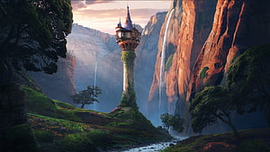 Tangled Rapunzel Tower Fantasy Landscape with Waterfall and Canyon HD wallpaper