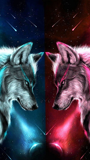 Dual Wolf Portrait With Neon Blue And Pink Cosmic Nebula Background HD phone wallpaper