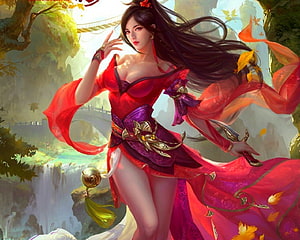 Elegant Fantasy Woman in Flowing Red Dress with Sword in Misty Landscape, Fantasy Girl, fantasy, art, woman, beauty HD wallpaper