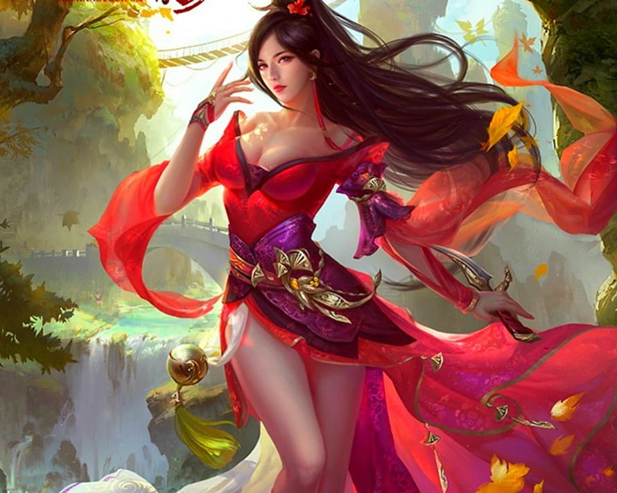 Elegant Fantasy Woman in Flowing Red Dress with Sword in Misty Landscape, Fantasy Girl, fantasy, art, woman, beauty HD wallpaper