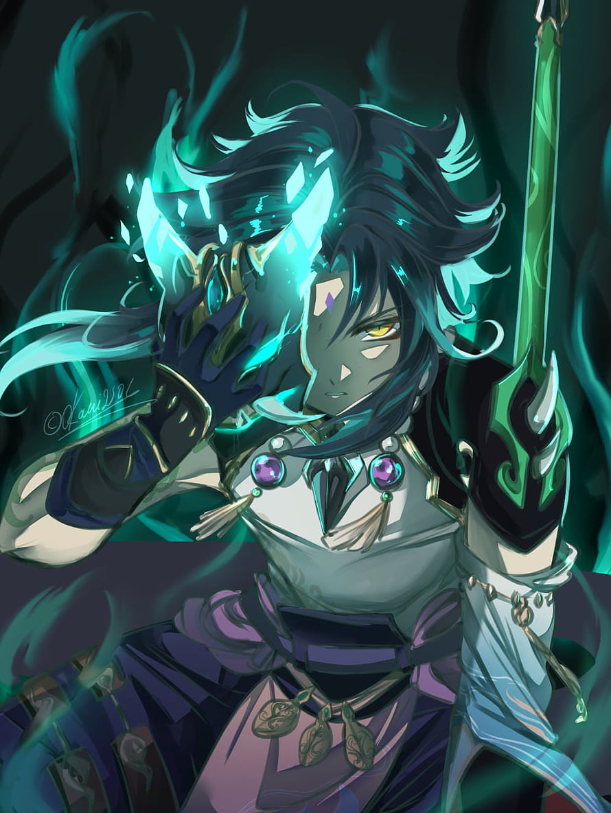 Xiao from Genshin Impact Wielding Sword with Glowing Green Energy and Dark Hair HD phone wallpaper