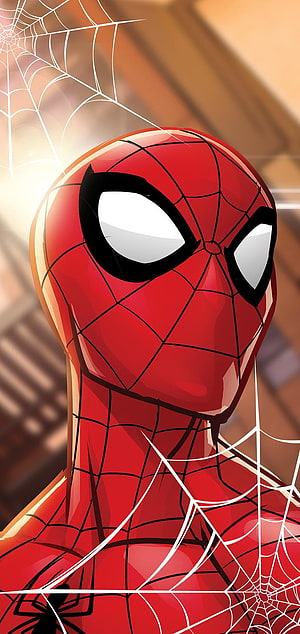 Classic Red Spider-Man Mask Close-Up with White Web Overlay and Warm City Background, Samsung Galaxy Note 10 Plus Spiderman, Spiderman Punch Hole HD phone wallpaper