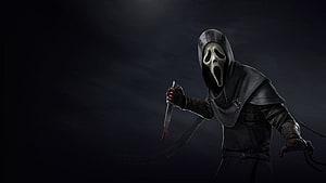 Ghost Face from Scream in Dark Hooded Attire Holding a Bloodied Knife HD wallpaper