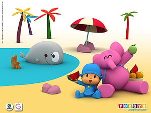 Pocoyo and Elly Enjoying a Sunny Beach Day with Watermelon and Fruits HD wallpaper