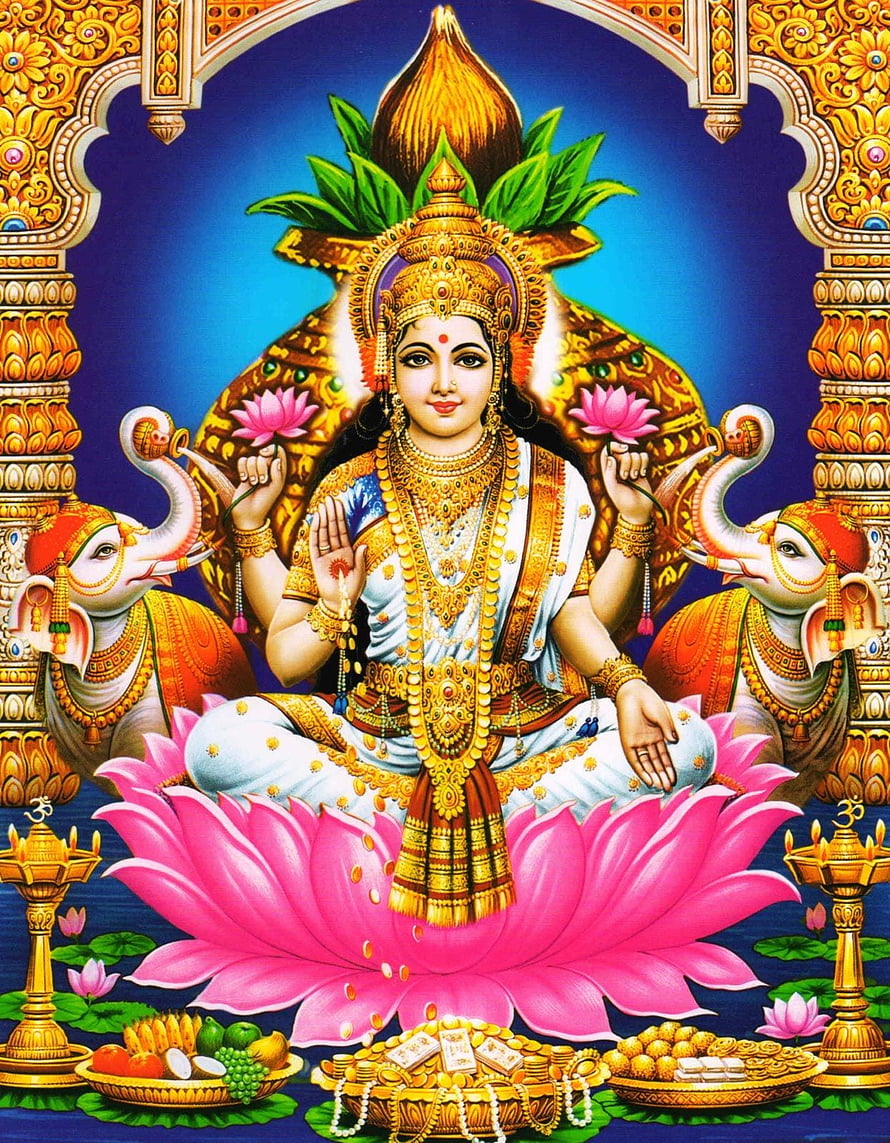 Goddess Lakshmi Seated on Lotus with Elephants and Offerings in Traditional Indian Art HD phone wallpaper