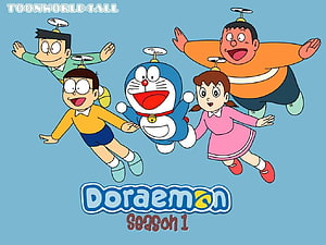 Doraemon Season 1 Main Characters Flying with Propellers on Blue Background HD wallpaper