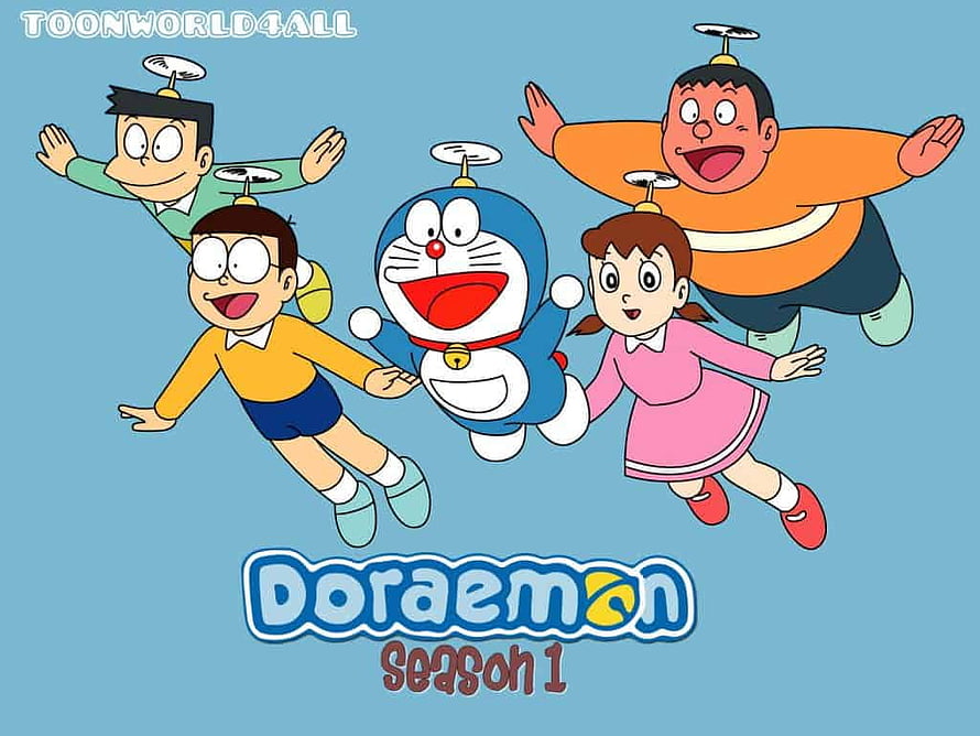 Doraemon Season 1 Main Characters Flying with Propellers on Blue Background HD wallpaper