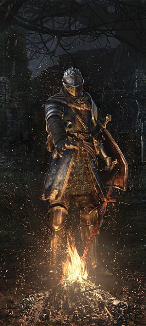 Dark Souls Knight Standing by Campfire in Dark Forest HD phone wallpaper
