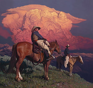 Mark Maggiori Western Art: Two Cowboys on Horseback Beneath a Dramatic Sunset Sky HD wallpaper