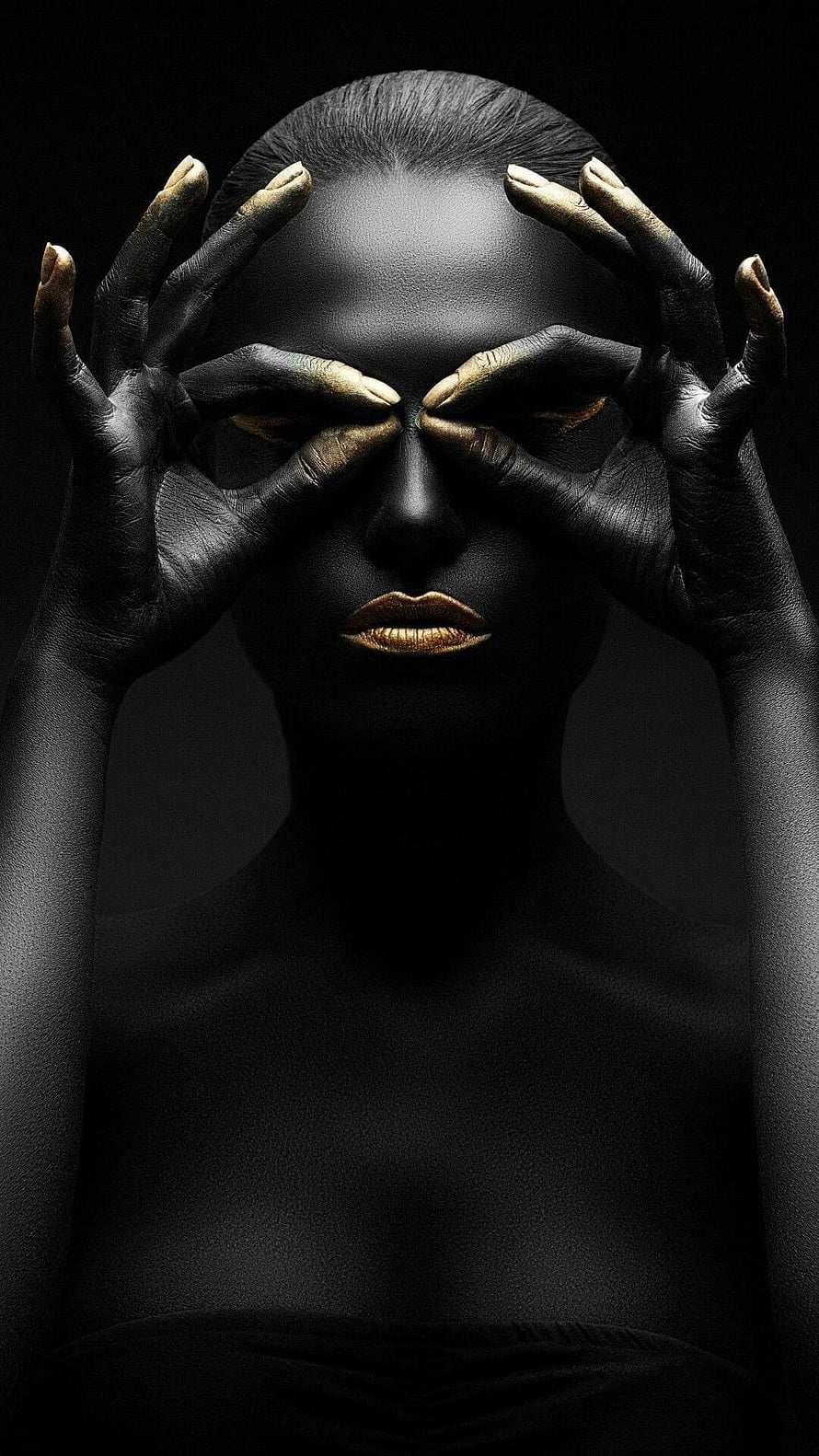 Black Woman with Gold Lips and Fingertips Covering Eyes in Dramatic Portrait HD phone wallpaper