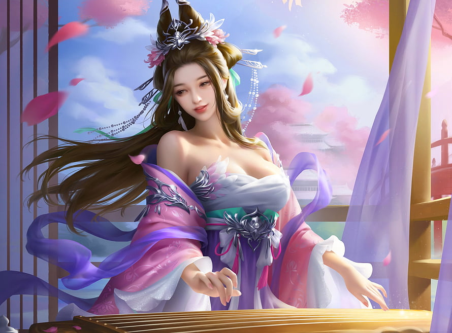 Elegant Asian Woman in Traditional Hanfu Playing Guzheng Under Cherry Blossoms, Beautiful Princess, digital, art, fantasy, asian, , girl, pastels, woman, pretty HD wallpaper