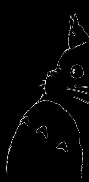 Minimalist White Line Art of Totoro and Chibi Companion on Black Background HD phone wallpaper