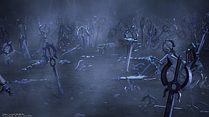 Kingdom Hearts Forgotten Weapons and Swords in Misty Dark Fantasy Landscape HD wallpaper