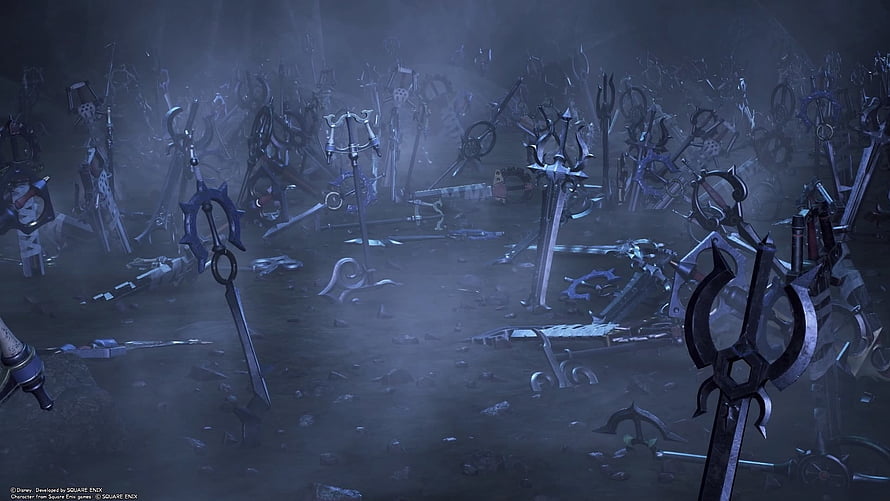 Kingdom Hearts Forgotten Weapons and Swords in Misty Dark Fantasy Landscape HD wallpaper