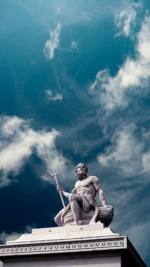 Neptune Statue Holding Trident Against Dramatic Cloudy Sky HD phone wallpaper