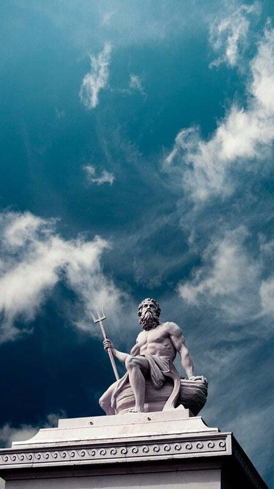 Neptune Statue Holding Trident Against Dramatic Cloudy Sky HD phone wallpaper