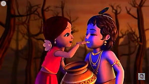 Radha Krishna 3D Animation: Young Radha Feeding Krishna in a Forest Setting HD wallpaper