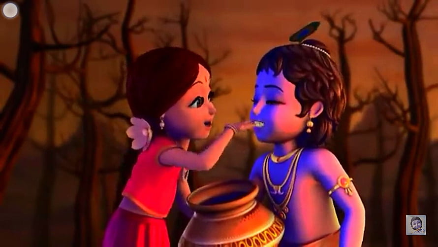Radha Krishna 3D Animation: Young Radha Feeding Krishna in a Forest Setting HD wallpaper