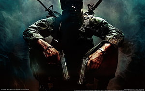 Call of Duty Black Ops Soldier Crouching with Dual Pistols in Dark Smoke HD wallpaper