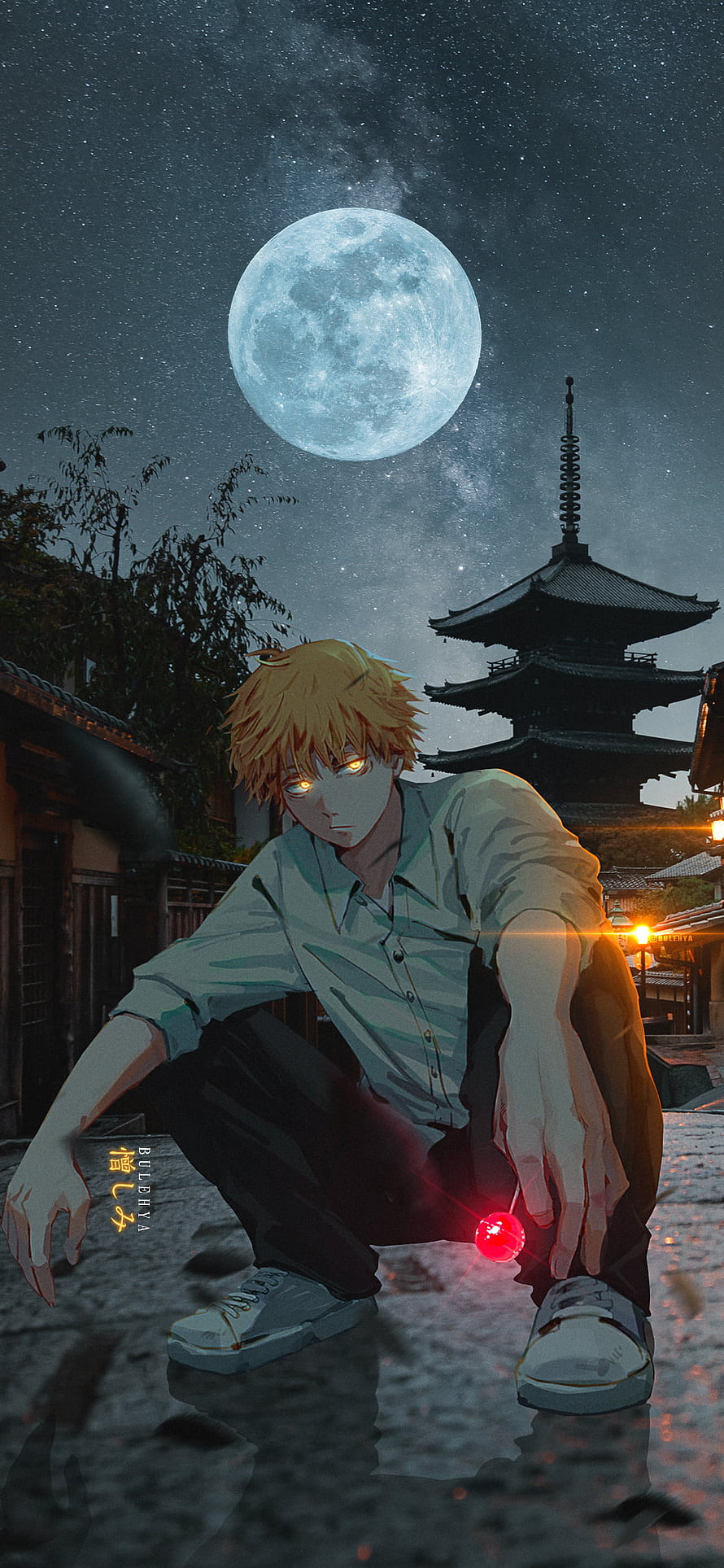 Denji from Chainsaw Man Crouching Under a Full Moon Near a Japanese Pagoda, Chainsaw Man, chainsawman, csm, denji HD phone wallpaper
