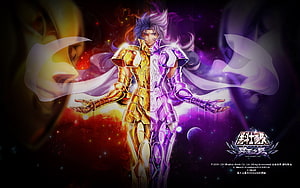 Saint Seiya Gemini Saga Character in Gold and Purple Armor HD wallpaper