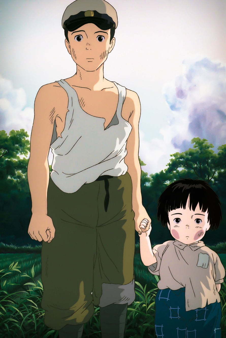 Grave of the Fireflies Anime Still of Seita and Setsuko Walking Through a Green Field HD phone wallpaper