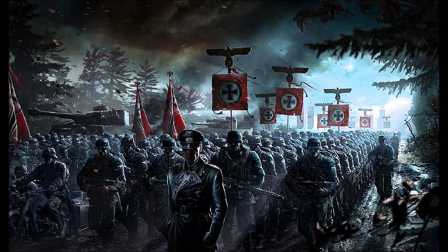 World War II German Infantry Column Marching Through Dark Forest With Military Banners HD wallpaper