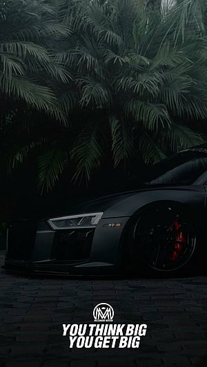 Black Audi R8 with red brake calipers parked on cobblestone under palm trees at night HD phone wallpaper