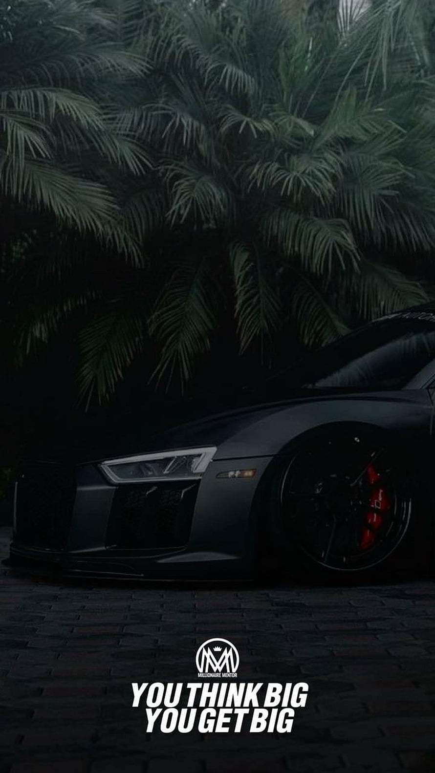 Black Audi R8 with red brake calipers parked on cobblestone under palm trees at night HD phone wallpaper