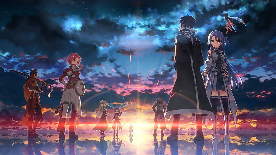 Sword Art Online Ordinal Scale anime group standing on reflective water under a dramatic sunset sky HD wallpaper