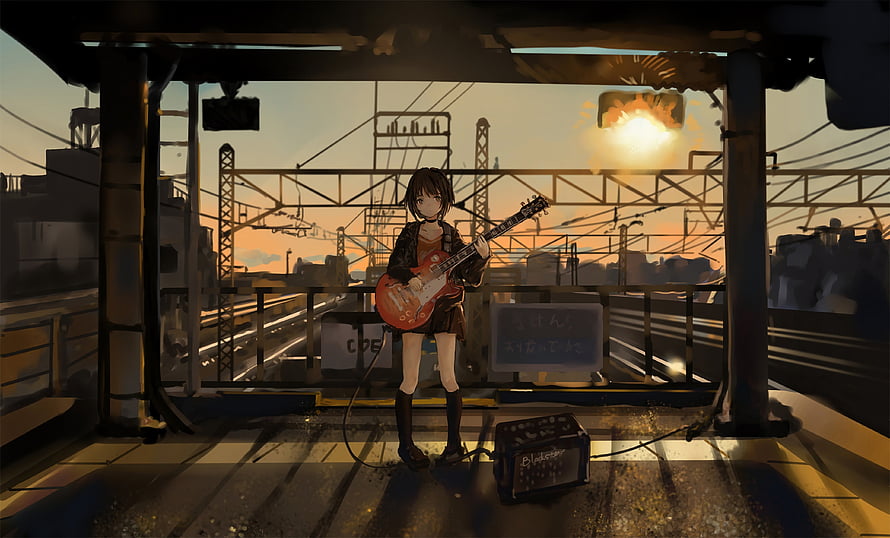 Anime Girl Playing Electric Guitar on Train Platform at Sunset HD wallpaper