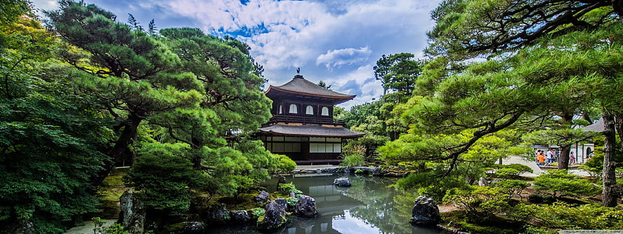 Traditional Japanese Garden with Pond, Pine Trees, and Historic Pavilion HD wallpaper