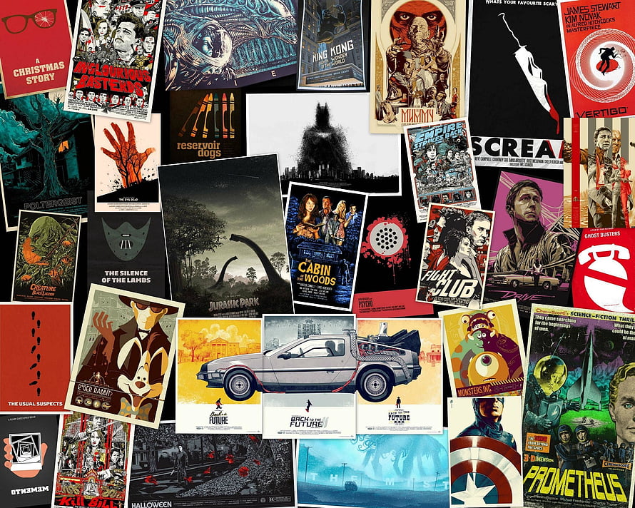 Retro Movie Poster Collage Featuring Iconic 80s and 90s Film Artwork HD wallpaper
