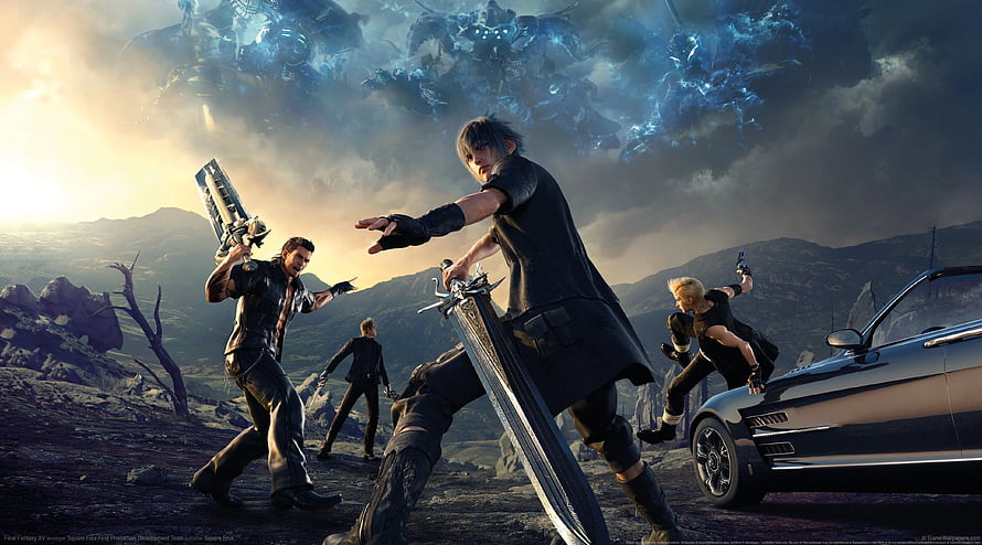 Final Fantasy XV cinematic battle scene featuring Noctis, Prompto, Ignis, and Gladiolus in a dramatic desert landscape HD wallpaper
