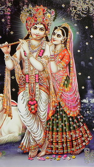 Radha Krishna Playing Flute in Ornate Traditional Attire with Floral Garland HD phone wallpaper