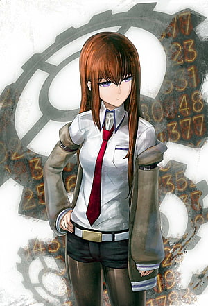 Kurisu Makise from Steins;Gate in a white shirt and red tie with a gear and number background HD phone wallpaper