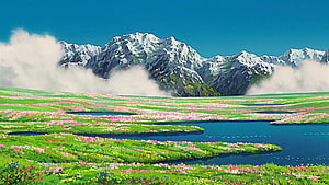 Studio Ghibli Style Mountain Meadow With Snow Peaks And Wildflower Ponds HD wallpaper