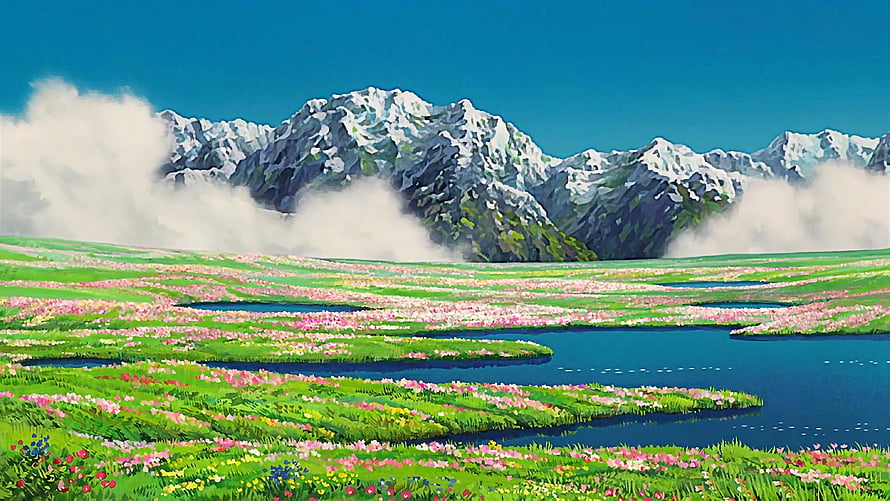 Studio Ghibli Style Mountain Meadow With Snow Peaks And Wildflower Ponds HD wallpaper