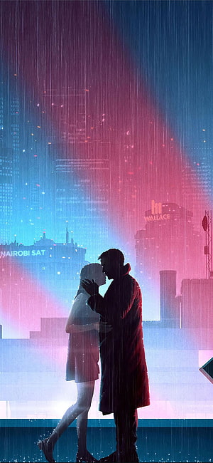 Blade Runner 2049 Silhouette Couple Kissing in Neon Rain Against Futuristic City Skyline HD phone wallpaper