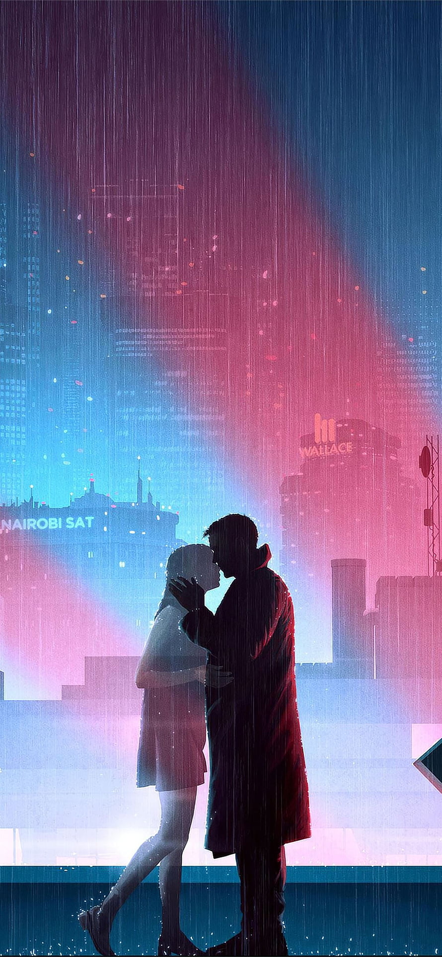 Blade Runner 2049 Silhouette Couple Kissing in Neon Rain Against Futuristic City Skyline HD phone wallpaper