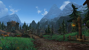 World of Warcraft Mountain Village Landscape with Snow-Capped Peaks and Cobblestone Path HD wallpaper