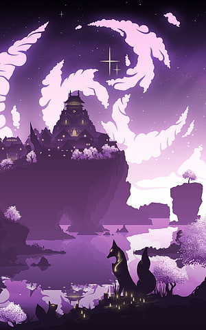 Genshin Impact Minimalist Artwork: Mystical Castle and Fox Spirit in Purple Night Landscape HD phone wallpaper