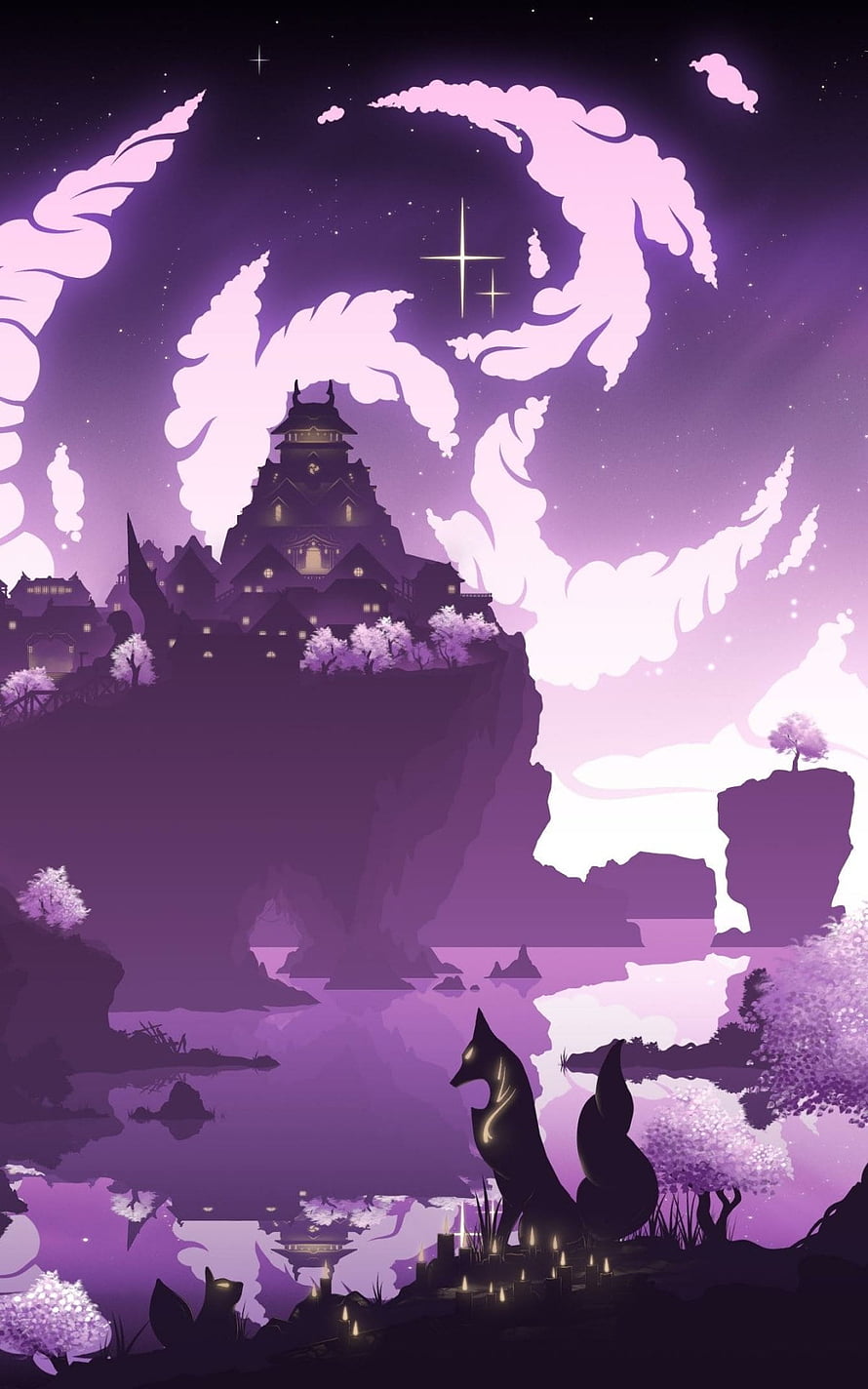 Genshin Impact Minimalist Artwork: Mystical Castle and Fox Spirit in Purple Night Landscape HD phone wallpaper